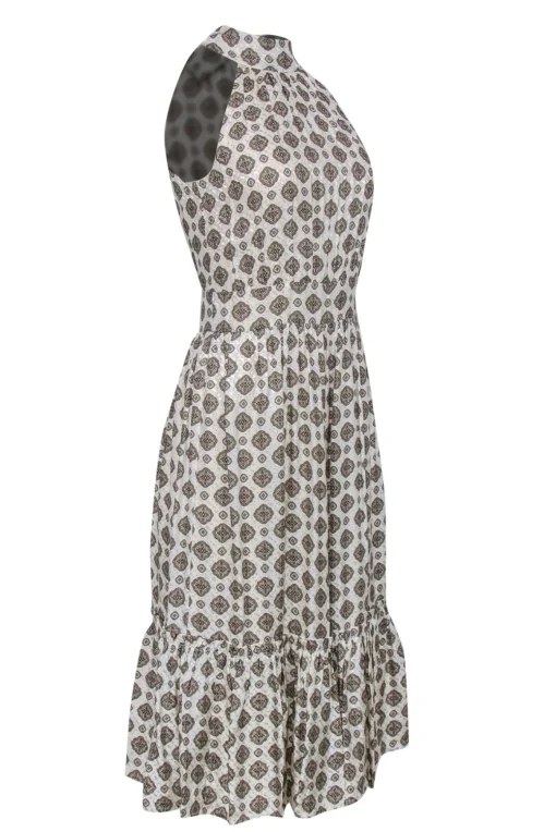 Michael Michael Kors - Cream & Tan Bohemian Print Pleated Midi Dress w/ Flounce Hem Sz XS