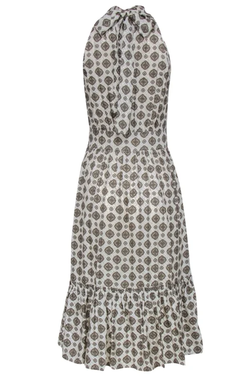 Michael Michael Kors - Cream & Tan Bohemian Print Pleated Midi Dress w/ Flounce Hem Sz XS
