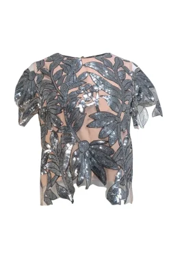 Milly - Beige Short Sleeve w/ Silver Sequin Print Sz S