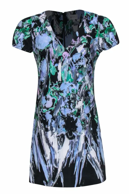 Milly - Black & Pastel Multicolor Brush Stroke V-Neck Dress Sz 8