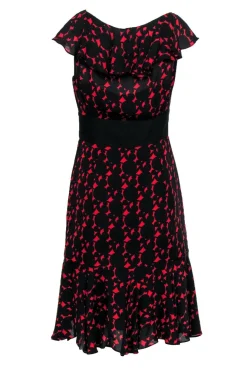 Milly - Black & Red Pattern Ruffle Sleeveless A-Line Dress Sz 4