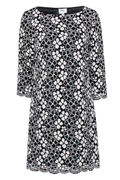 Milly - Black & White Floral Embroidered Quarter Sleeve Shift Dress Sz 10