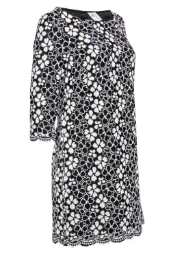 Milly - Black & White Floral Embroidered Quarter Sleeve Shift Dress Sz 10