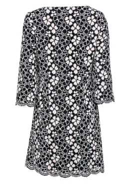 Milly - Black & White Floral Embroidered Quarter Sleeve Shift Dress Sz 10