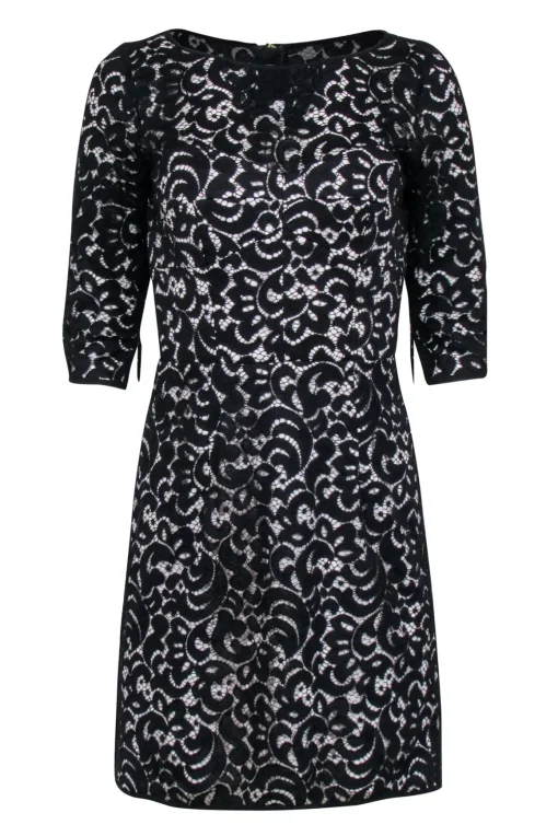 Milly - Black Lace Crop Sleeve Dress w/ Ivory Base Sz 6