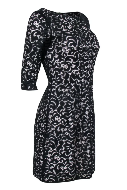 Milly - Black Lace Crop Sleeve Dress w/ Ivory Base Sz 6