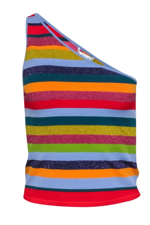 Milly - Blue, Red, & Multi Color Rainbow Sleeveless One Shoulder Top Sz L