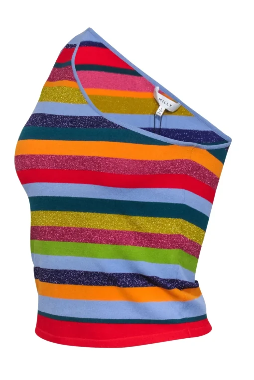 Milly - Blue, Red, & Multi Color Rainbow Sleeveless One Shoulder Top Sz L