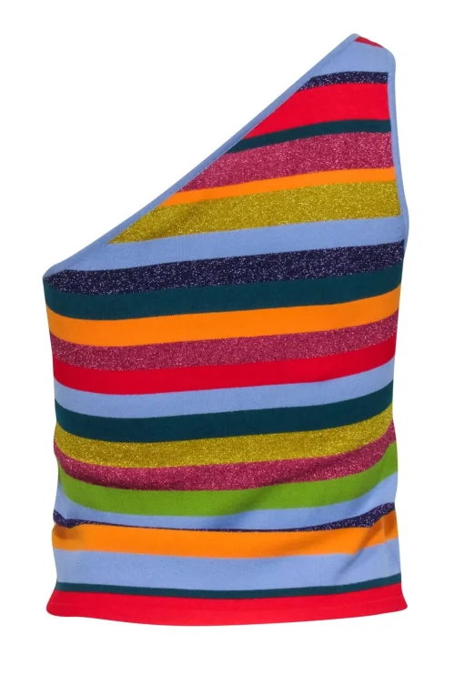 Milly - Blue, Red, & Multi Color Rainbow Sleeveless One Shoulder Top Sz L