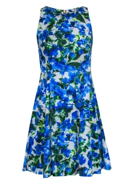 Milly - Blue, White & Green Floral Print Sleeveless Fit & Flare Dress Sz 2