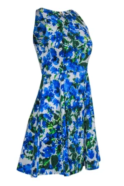 Milly - Blue, White & Green Floral Print Sleeveless Fit & Flare Dress Sz 2
