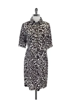 Milly - Brown & White Print Silk Short Sleeve Dress Sz 4