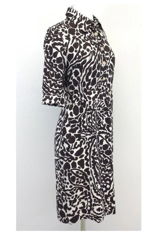 Milly - Brown & White Print Silk Short Sleeve Dress Sz 4