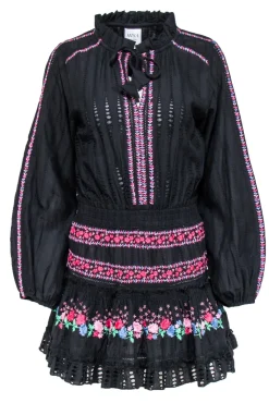 MISA Los Angeles - Black w/ Pink & Blue Floral Embroidery Dress Sz S