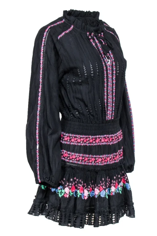 MISA Los Angeles - Black w/ Pink & Blue Floral Embroidery Dress Sz S
