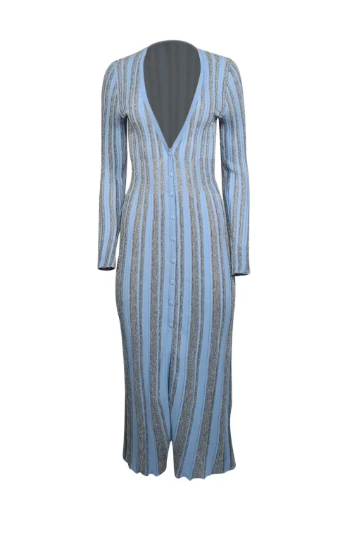 MISA Los Angeles - Light Blue & Metallic Striped Knit Dress Sz S