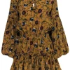 MISA Los Angeles - Mustard Tie Front Floral Print Ruffle Puff Sleeve Mini Dress Sz M