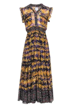 MISA Los Angeles - Mustard & Deep Purple Floral Maxi Dress Sz XS