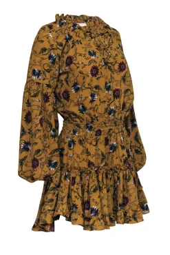 MISA Los Angeles - Mustard Tie Front Floral Print Ruffle Puff Sleeve Mini Dress Sz M