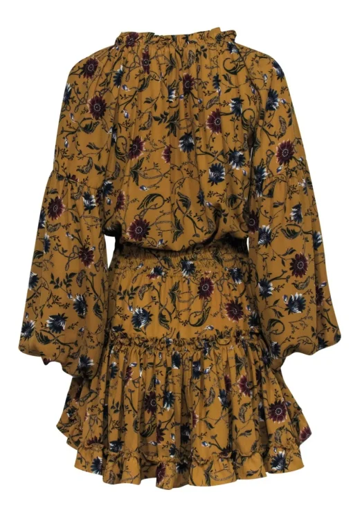 MISA Los Angeles - Mustard Tie Front Floral Print Ruffle Puff Sleeve Mini Dress Sz M
