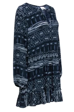 MISA Los Angeles - Navy & White Patterned Peasant Shift Dress Sz S