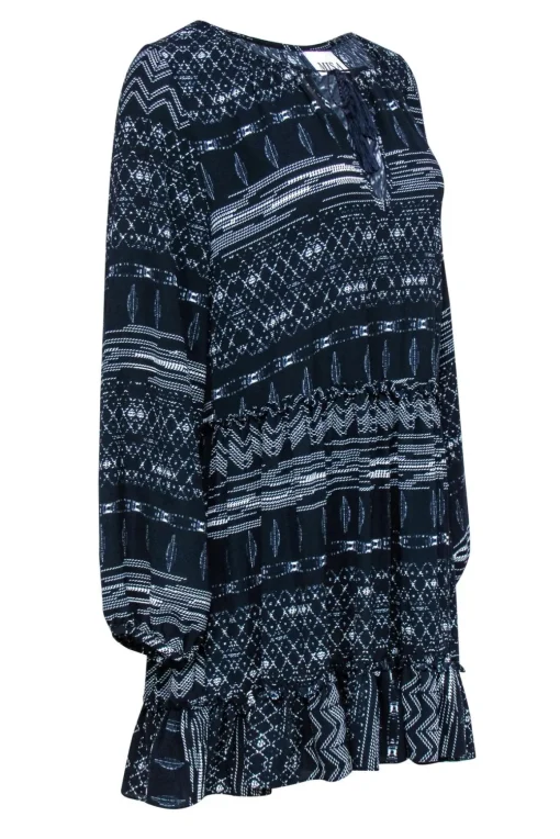 MISA Los Angeles - Navy & White Patterned Peasant Shift Dress Sz S