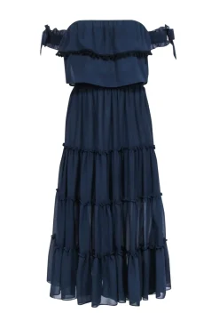 MISA Los Angeles - Navy Ruffle Tiered Off The Shoulder Midi Dress Sz XS