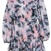 MISA Los Angeles - Pink, Grey & Black Floral Off-the-Shoulder Tiered Dress Sz M