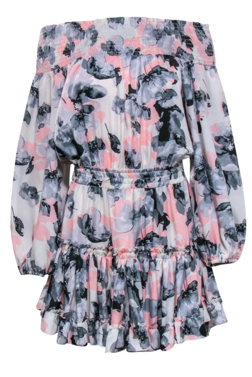 MISA Los Angeles - Pink, Grey & Black Floral Off-the-Shoulder Tiered Dress Sz M