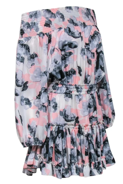 MISA Los Angeles - Pink, Grey & Black Floral Off-the-Shoulder Tiered Dress Sz M