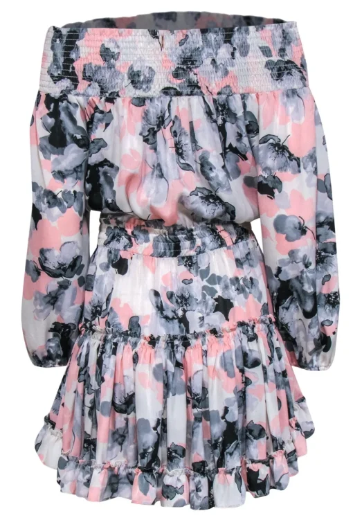 MISA Los Angeles - Pink, Grey & Black Floral Off-the-Shoulder Tiered Dress Sz M