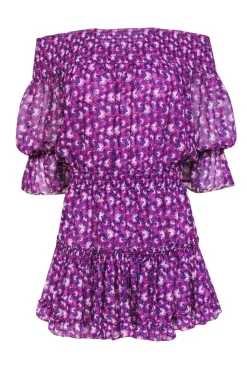 MISA Los Angeles - Purple & Pink Floral Off-the-Shoulder Drop Waist Dress Sz M