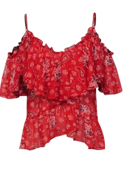MISA Los Angeles - Red Paisley Cold Shoulder Ruffled Blouse Sz L