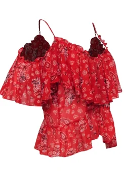 MISA Los Angeles - Red Paisley Cold Shoulder Ruffled Blouse Sz L