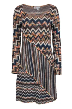 Missoni - Orange, Navy & Cream Metallic Chevron Knit Dress Sz 10