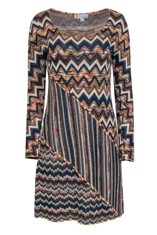 Missoni - Orange, Navy & Cream Metallic Chevron Knit Dress Sz 10