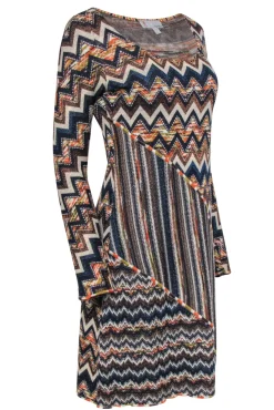 Missoni - Orange, Navy & Cream Metallic Chevron Knit Dress Sz 10