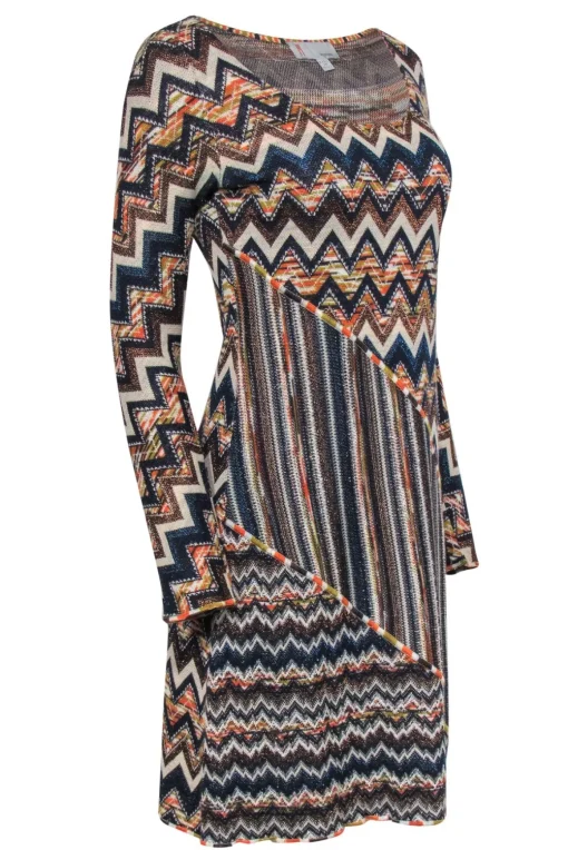 Missoni - Orange, Navy & Cream Metallic Chevron Knit Dress Sz 10