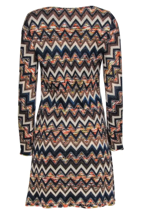 Missoni - Orange, Navy & Cream Metallic Chevron Knit Dress Sz 10