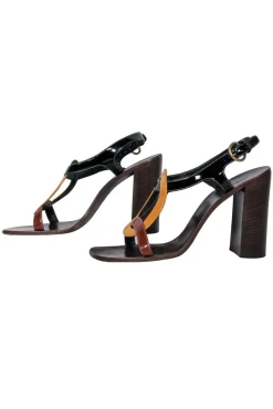 Miu Miu - Brown, Mustard & Black Colorblocked Patent Strappy Wooden Pumps Sz 10