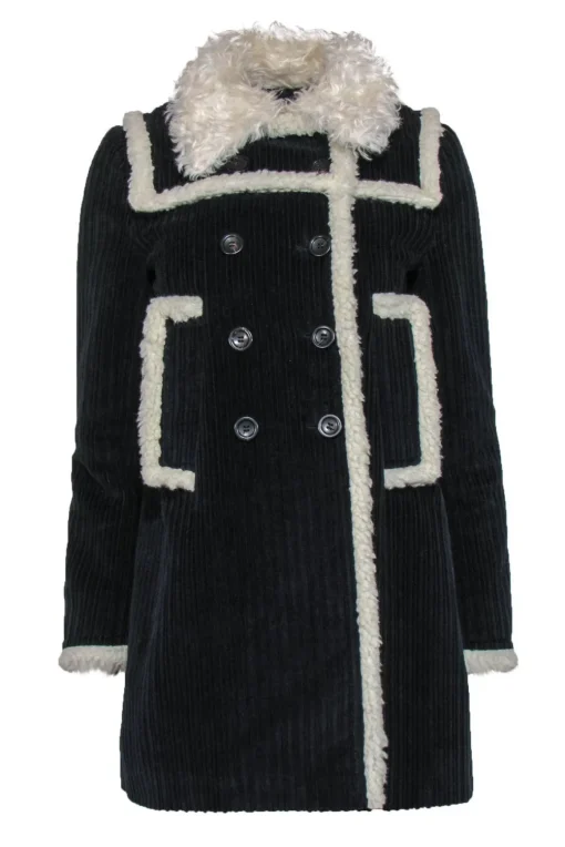 Miu Miu - Navy Ribbed Double Breasted Coat w/ Faux Sherpa Trim Sz 4
