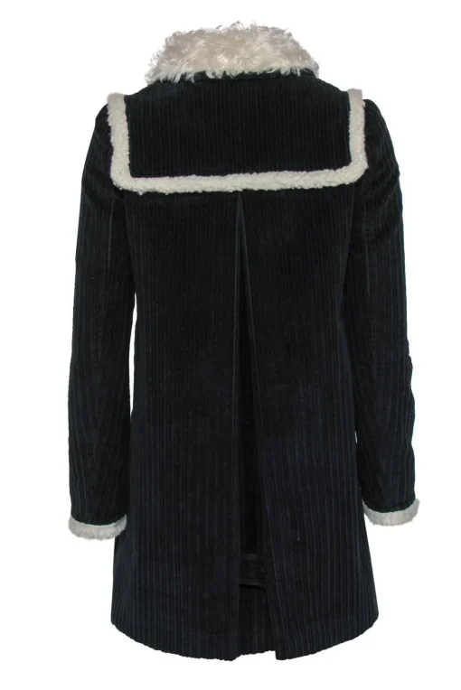 Miu Miu - Navy Ribbed Double Breasted Coat w/ Faux Sherpa Trim Sz 4