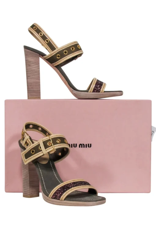 Miu Miu - Olive Green Canvas w/ Purple Glitter Strap Open Toe Pumps Sz 10