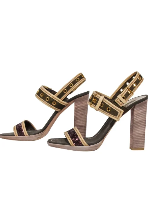 Miu Miu - Olive Green Canvas w/ Purple Glitter Strap Open Toe Pumps Sz 10
