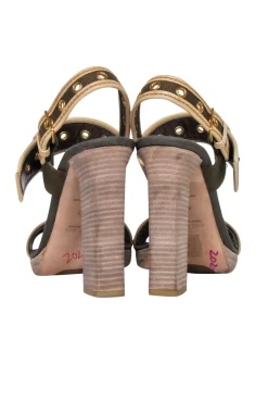 Miu Miu - Olive Green Canvas w/ Purple Glitter Strap Open Toe Pumps Sz 10