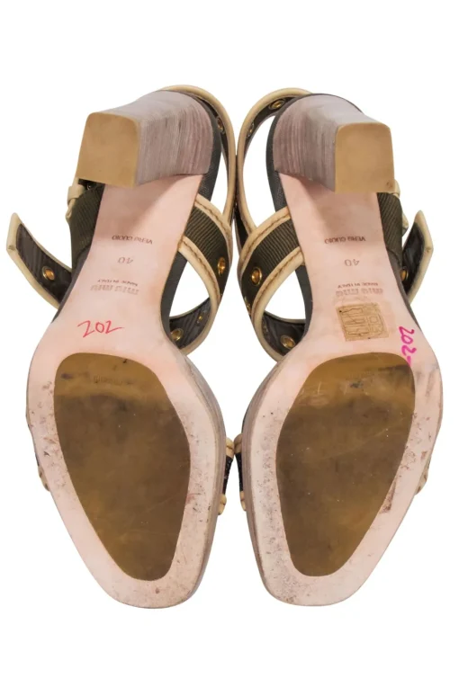 Miu Miu - Olive Green Canvas w/ Purple Glitter Strap Open Toe Pumps Sz 10