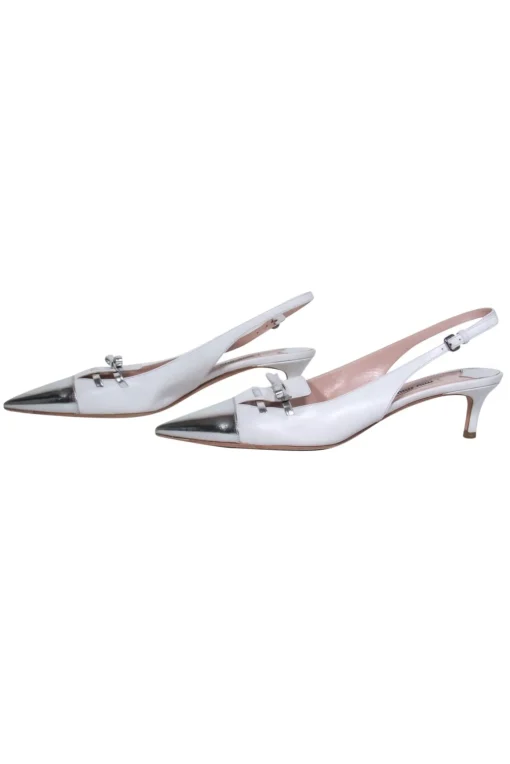 Miu Miu - White & Silver Pointed Toe Slingback Kitten Heels w/ Bows Sz 8.5