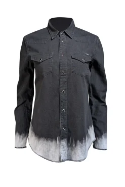 MOTHER - Black Denim Button Up Shirt w/ Acid Washed Raw Hem Sz M
