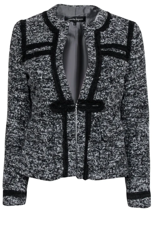 Nanette Lepore - Black & Grey Boucle Tweed Blazer w/ Black Rope Trim Sz 6
