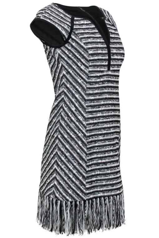 Nanette Lepore - Black & White Tweed "Lawless" Shift Dress w/ Fringe Hem Sz 6